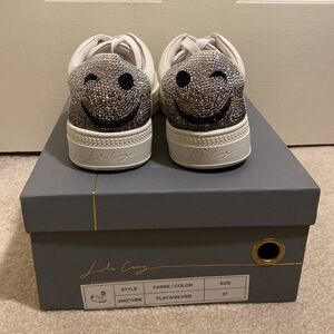 Lola Cruz White Leather Sneakers Silver Rhinestone Smile Wink Size 37